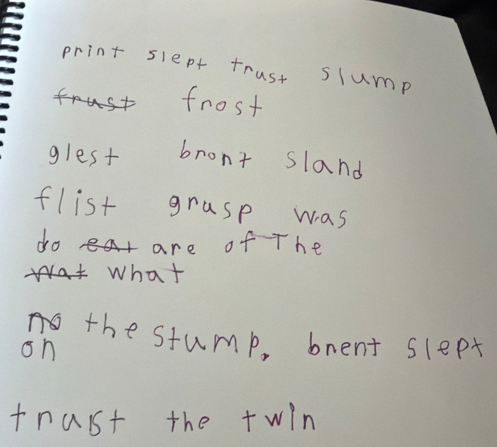 Student writing sample showing phonetic spelling errors and approximations, illustrating how dyslexic learners encode words based on sound